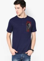 Punk Navy Blue Printed Henley T-Shirt