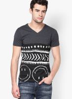 Smiley Dark Grey Printed V Neck T-Shirts