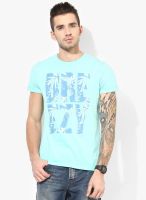 Tom Tailor Aqua Blue Printed Round Neck T-Shirt