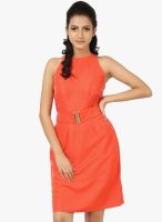 Tops And Tunics Orange Colored Solid Shift Dress With Belt