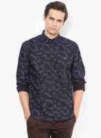 V Dot Navy Blue Printed Slim Fit Casual Shirt