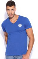 Wrangler Solid Men's V-neck Blue T-Shirt