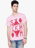 Yepme Pink Printed V Neck T-Shirt