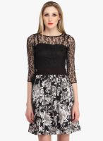 Cottinfab Black Colored Printed Skater Dress With Belt