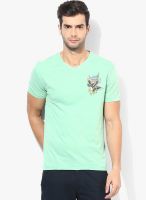 Ed Hardy Aqua Blue Solid V Neck T-Shirt