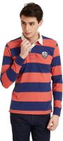 Flying Machine Striped Men's Polo Neck Blue, Orange T-Shirt