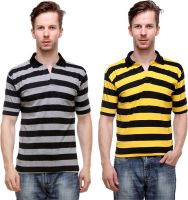 Grand Bear Striped Men's Polo Neck Reversible Black, Yellow T-Shirt(Pack of 2)