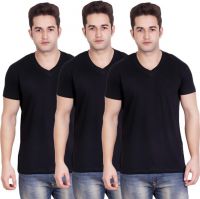 LUCfashion Solid Men's V-neck Black T-Shirt(Pack of 3)