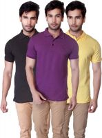 LanosUC Solid Men's Polo Neck Black, Purple, Yellow T-Shirt(Pack of 3)