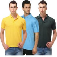 Lime Solid Men's Polo Neck Yellow, Light Blue T-Shirt(Pack of 3)