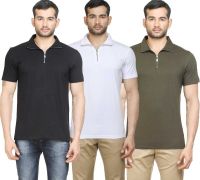 Poshuis Solid Men's Polo Neck Black, White, Dark Green T-Shirt(Pack of 3) Poshuis Solid Men's Polo Neck Black, White, Dark Green T-Shirt(Pack of 3)