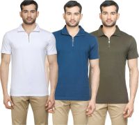 Poshuis Solid Men's Polo Neck White, Blue, Dark Green T-Shirt(Pack of 3)