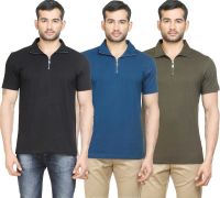 Poshuis Solid Men's Polo Neck Black, Blue, Dark Green T-Shirt(Pack of 3)