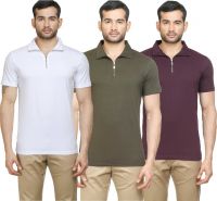 Poshuis Solid Men's Polo Neck White, Dark Green, Maroon T-Shirt(Pack of 3)