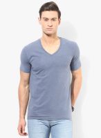 Selected Blue Solid V Neck T-Shirt