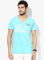 Tagd New York Aqua Blue Printed V Neck T-Shirts