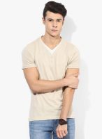 Tom Tailor Beige Solid Henley Neck T-Shirt