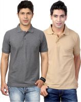 Top Notch Solid Men's Polo Neck Grey, Beige T-Shirt(Pack of 2)