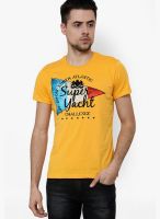 WYM Mustard Yellow Printed Round Neck T-Shirts