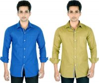 Yuva Men's Solid Casual Linen Blue, Beige Shirt(Pack of 2)