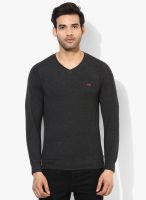 Cloak & Decker by Monte Carlo Dark Grey Solid V Neck T-Shirt