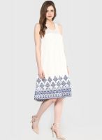Global Desi Off White Colored Embroidered Skater Dress