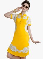 Inddus Yellow Color Embroidered Shift Dress