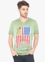 Status Quo Green Printed V Neck T-Shirt