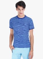Zobello Navy Blue Striped Round Neck T-Shirt