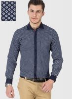 Black Coffee Navy Blue Printed Slim Fit Formal Shirt