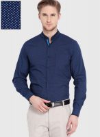 Black Coffee Navy Blue Printed Slim Fit Formal Shirt