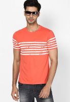 Flying Machine Orange Striped Round Neck T-Shirt