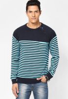 Globus Aqua Blue Striped Round Neck T-Shirts