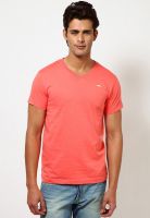 Jack & Jones Pink Solid V Neck T-Shirts