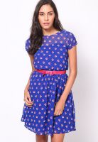 MB Blue Colored Printed Skater Dress