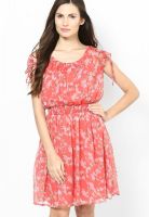 MIAMINX Red Printed Chiffon Dress With Gathers And Short Sleeves With Key Hole