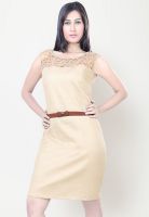 Raindrops Sleeve Less Solid Beige Dress