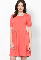 Rattrap Orange Colored Solid Skater Dress