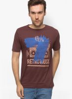 Slub Brown Printed Round Neck T-Shirts