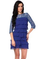 The Vanca 3/4Th Sleeve Self Pattern Blue Dress