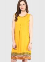 Global Desi Mustard Yellow Colored Printed Shift Dress