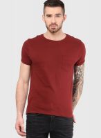 Incult Maroon Solid Round Neck T-Shirts