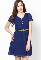 Magnetic Designs Navy Blue Colored Solid Skater Dress