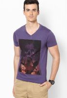 Phosphorus Purple Printed V Neck T-Shirts