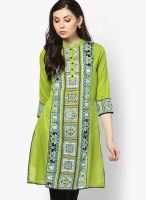 Rain & Rainbow Cotton Green Straight Kurta