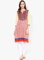 Sangria Placement Print Kurta With Solid Back And Sleeves