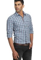 Basics Checks Navy Blue Slim Fit Casual Shirt