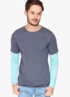 Campus Sutra Blue Solid Round Neck T-Shirts