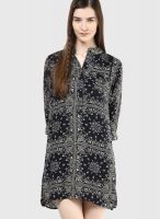 Fame Forever By Lifestyle Navy Blue Colored Printed Skater Dress