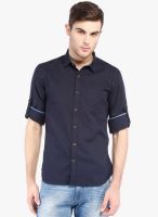 Highlander Navy Blue Solid Slim Fit Casual Shirt